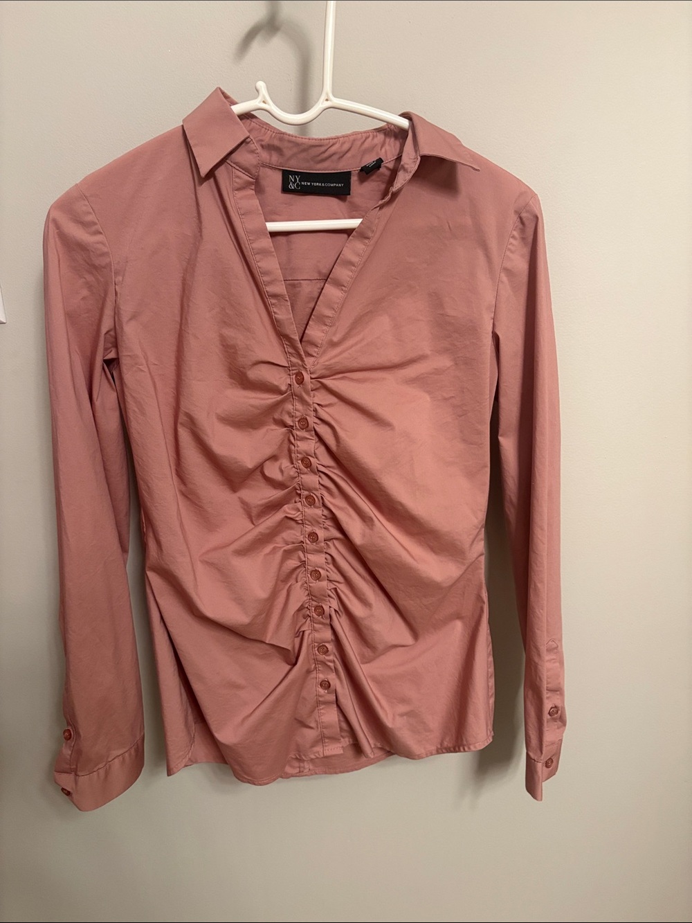 NY Collection Mauve Button-Front Ruched Long Sleeve Shirt